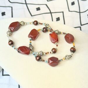 Red Jasper Stretch Bracelet Silver Tone Spacers Boho Gemstone Beaded